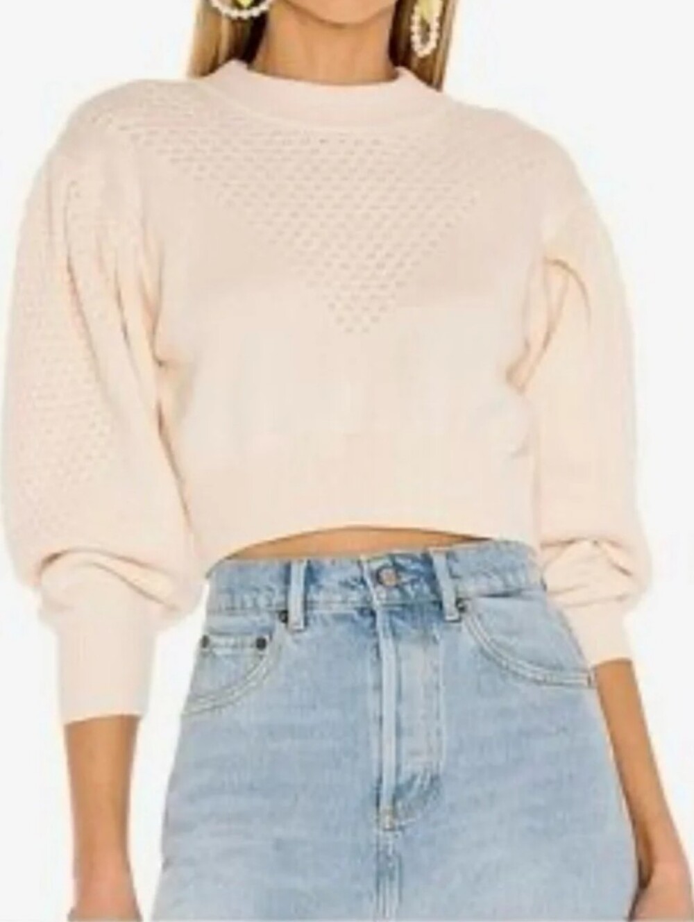 LPA Dre Crop Sweater Puff Sleeve Mock Neck Small Boxy Wool Blend